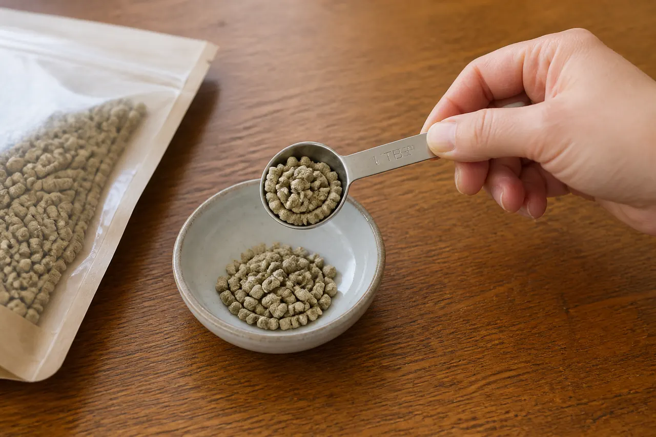 Measuring a small daily portion of guinea pig pellets beside hay