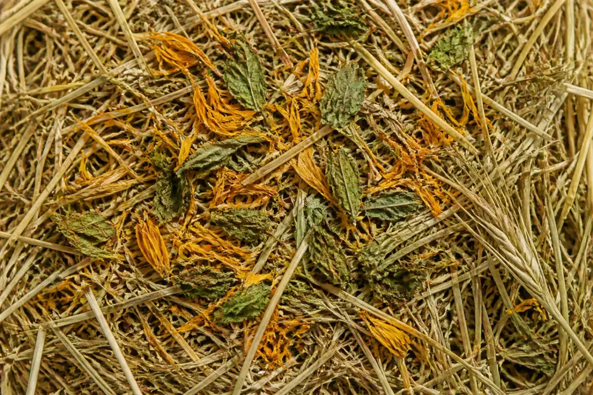 Dried herbs and forage scattered through hay for guinea pig enrichment